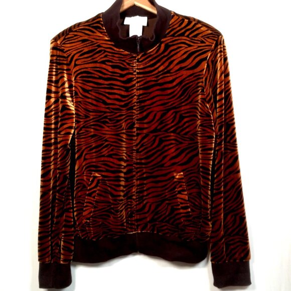 Susan Graver Sweatshirt Shirt XL Brown Velour Tiger Cat Animal Print Full Zip Up - Picture 1 of 12